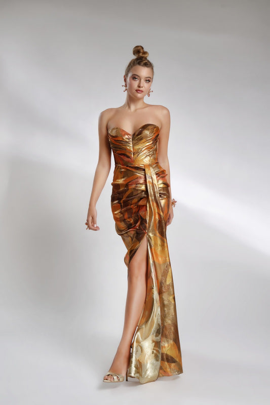 Klimt, Rochie de seară din mătase bronz, R35H27