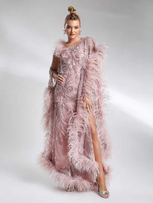 Rochie elegantă de seară cu broderie asimetrică și pene Biana