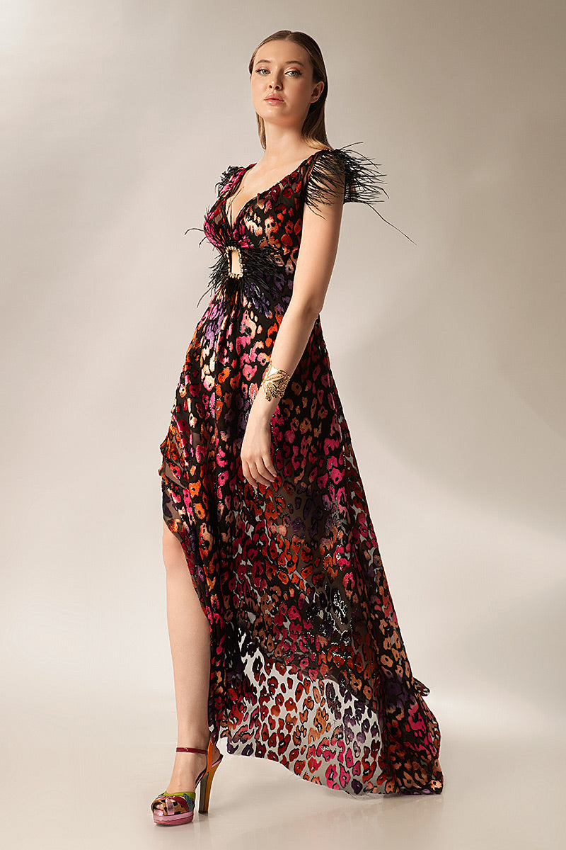 Rochie de seara lunga cu pene R17S23 Ametist