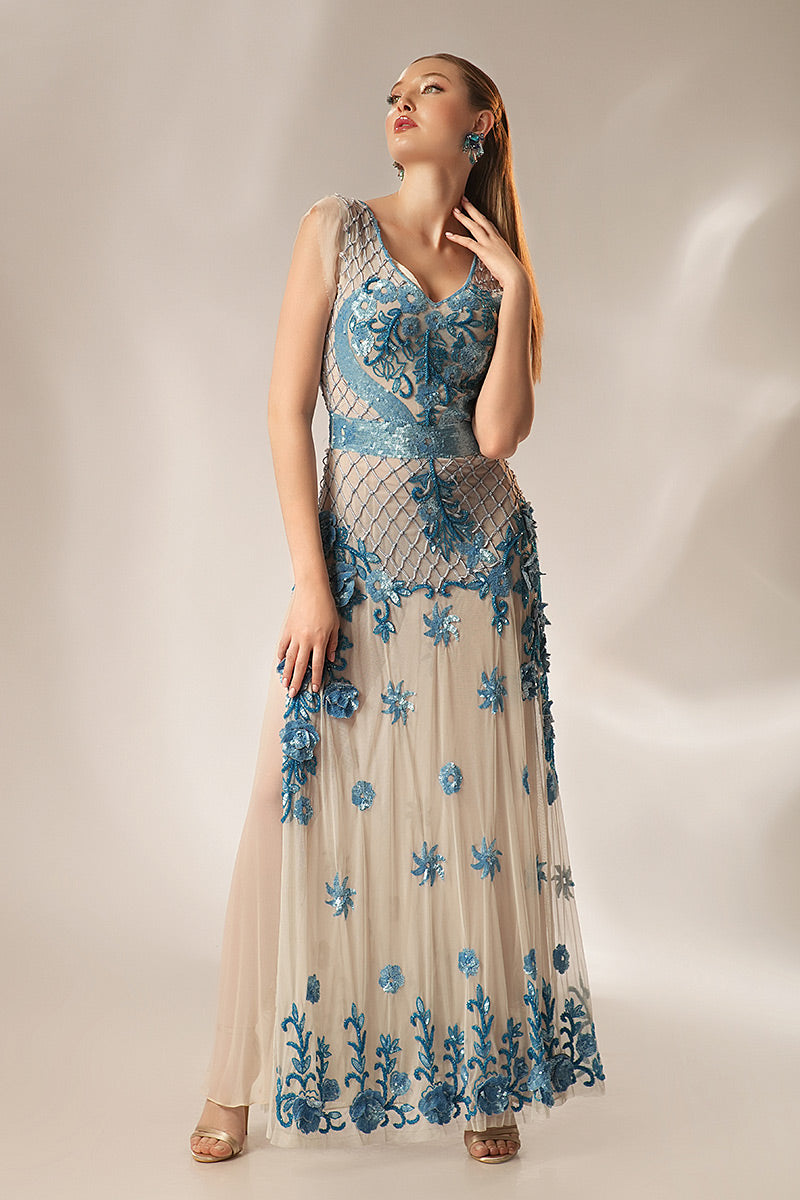 Rochie de seara tip sirena lunga cu flori si brodata manual R23S16