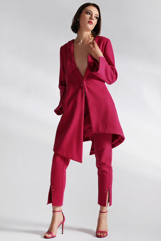 Costum fuxia cu sacou asimetric Strawbery