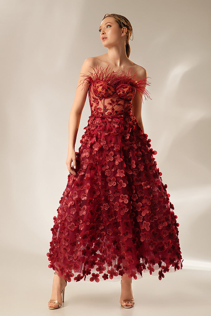 Rochie midi cu corsaj si pene de strut R20S23 Coral