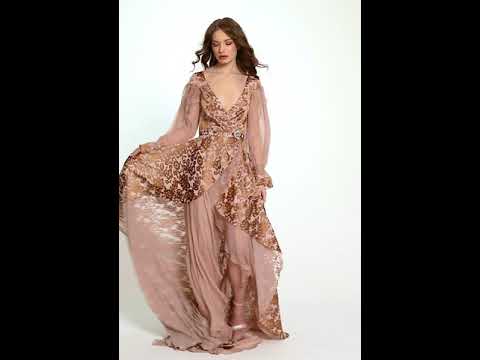 Rochie de de seara lunga din matase naturala si brocart asimetrica cu decolteu in V R11H20