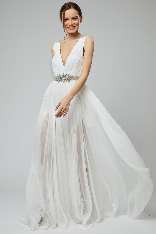 Rochie de mireasa lunga din matase naturala si broderie cu pietre Vera