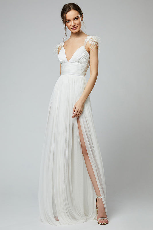 Rochie lunga de mireasa din matase naturala cu corsaj si pene Megane