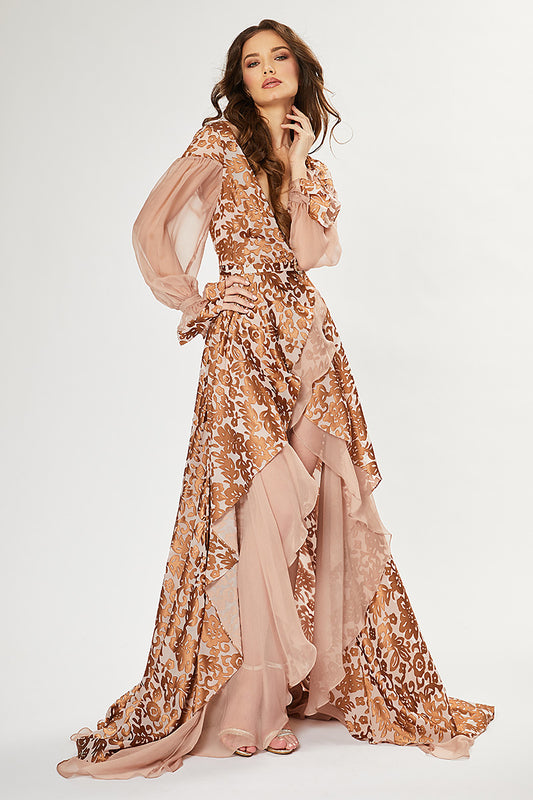 Rochie de de seara lunga din matase naturala si brocart asimetrica cu decolteu in V R11H20