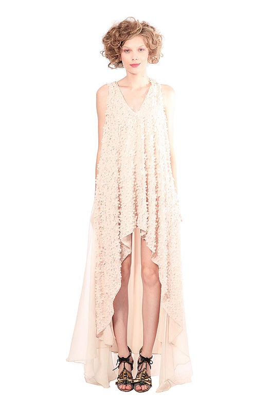 Rochie de matase asimetrica cu flori 3D si dantela R12S14