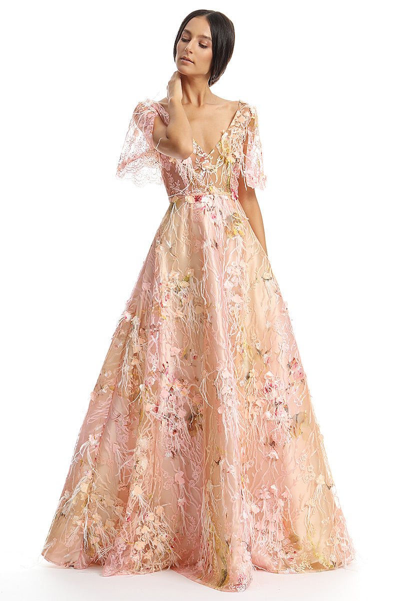 Rochie de seara lunga, eleganta, tip printesa din dantela brodata si pene. Grace