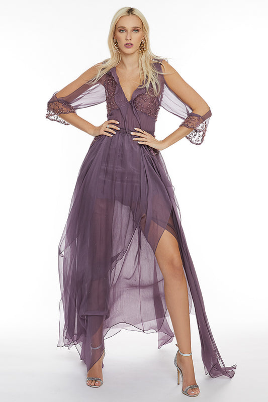 Rochie de matase naturala lunga cu maneci lungi, cu despicaturi pe picioare Mayra