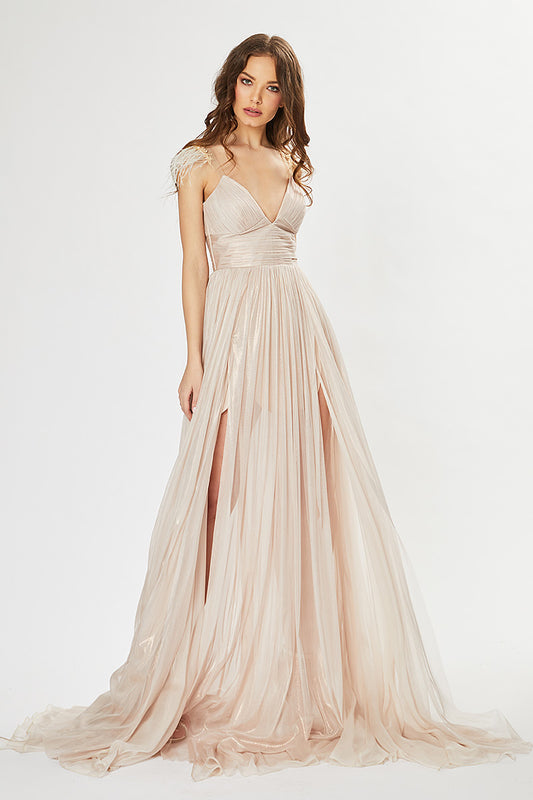 Rochie lunga de matase naturala cu corsaj si pene pe umar R14H20