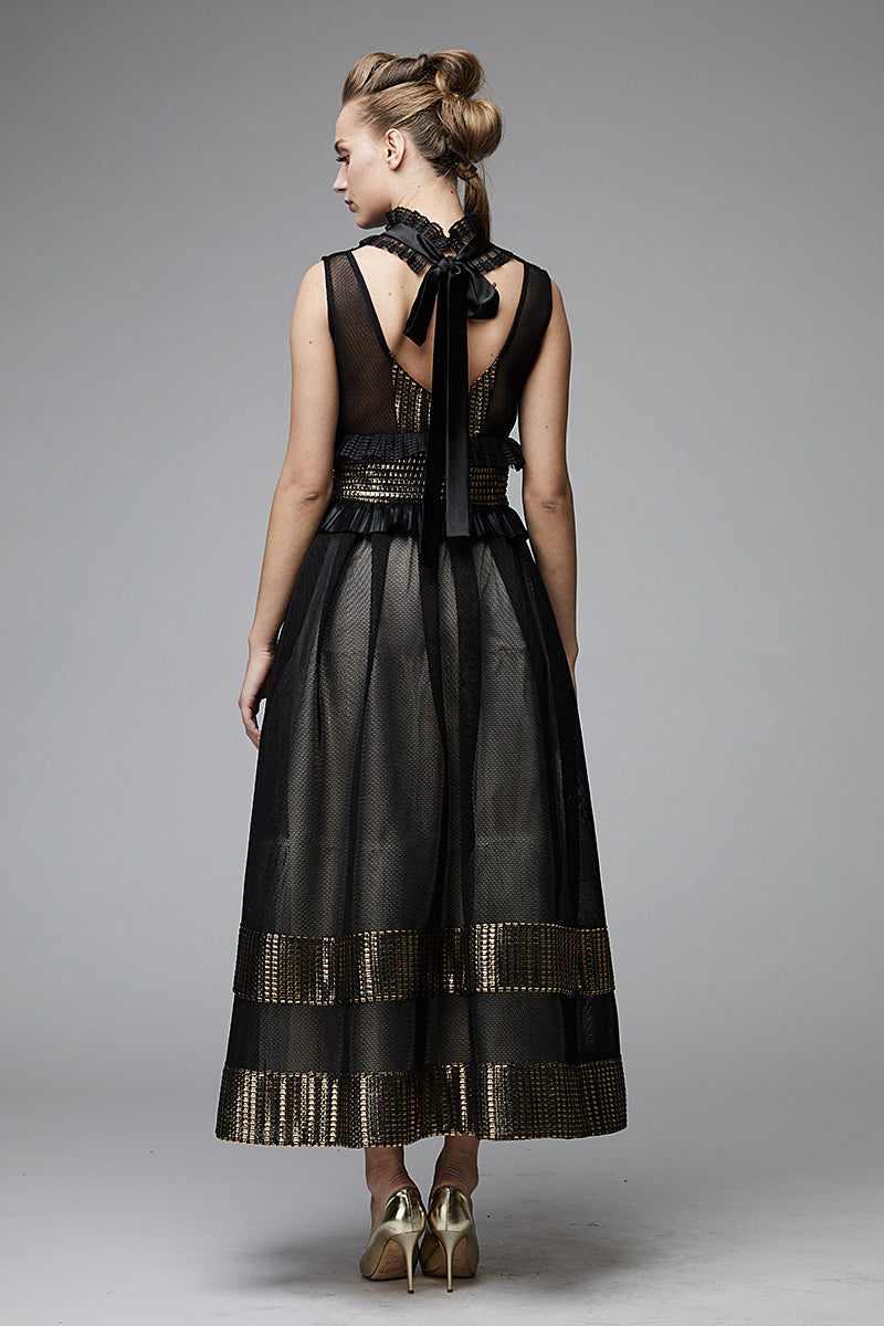 Rochie de seara midi eleganta de plasa cu dantela si banda aurie R15H18