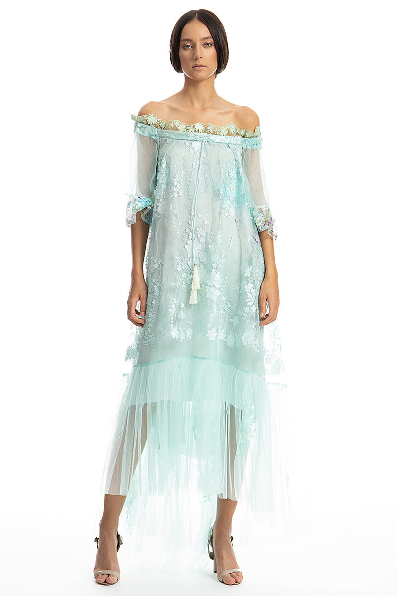 Rochie midi de ocazie din dantela si tul cu maneci scurte R15S19