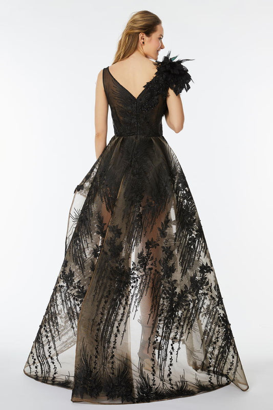 Rochie de seara lunga, asimetrica cu corsaj, din dantela si detaliu floral pe umar R17h21