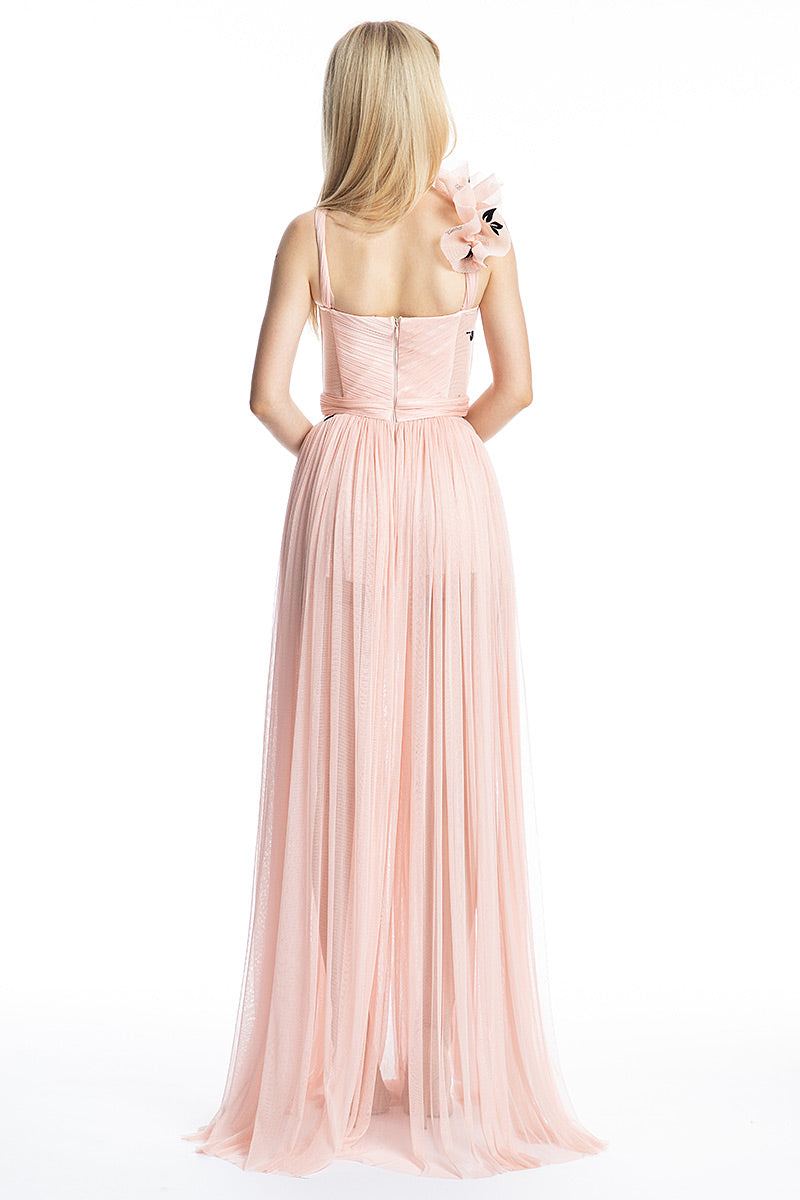 Rochie lunga, de seara, din matase naturala, asimetrica cu dantela si slit R18S19