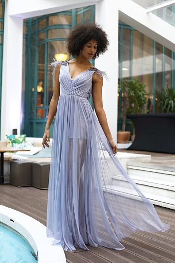 Rochie lunga de seara de matase naturala cu despicaturi pe picior Levy