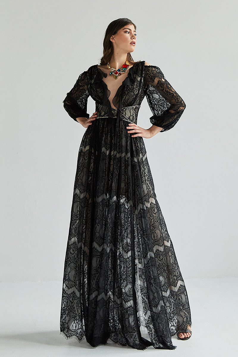 Rochia Lotus, lunga, neagra,din dantela, de ocazie, cu maneci lungi, R19H23