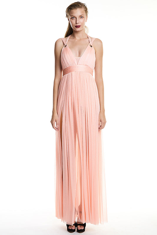 Rochie lunga de seara din matase naturala cu bretele si slit Love