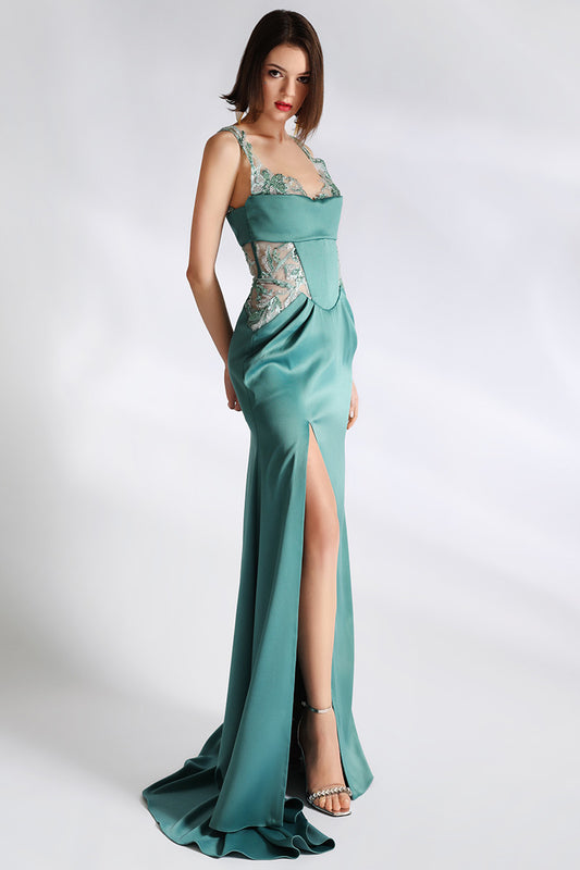 Rochie de seara lunga din satin mat cu dantela brodata si corset Freedom