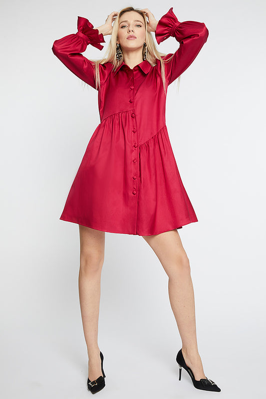 Rochia midi de de zi din matase naturala si lana cu maneci lungi Pinky