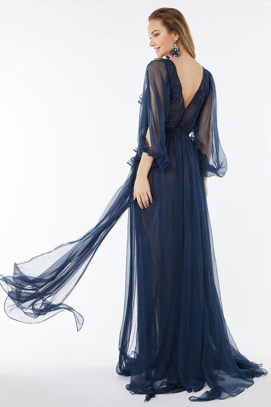 Rochie lunga de matase naturala, cu maneci lungi si dantela R1H21