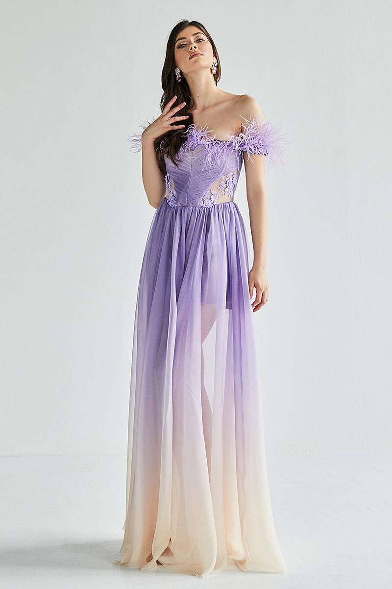 Rochie Lily lunga, de seara, de matase naturala, cu corsaj si pene de strut, R1H23