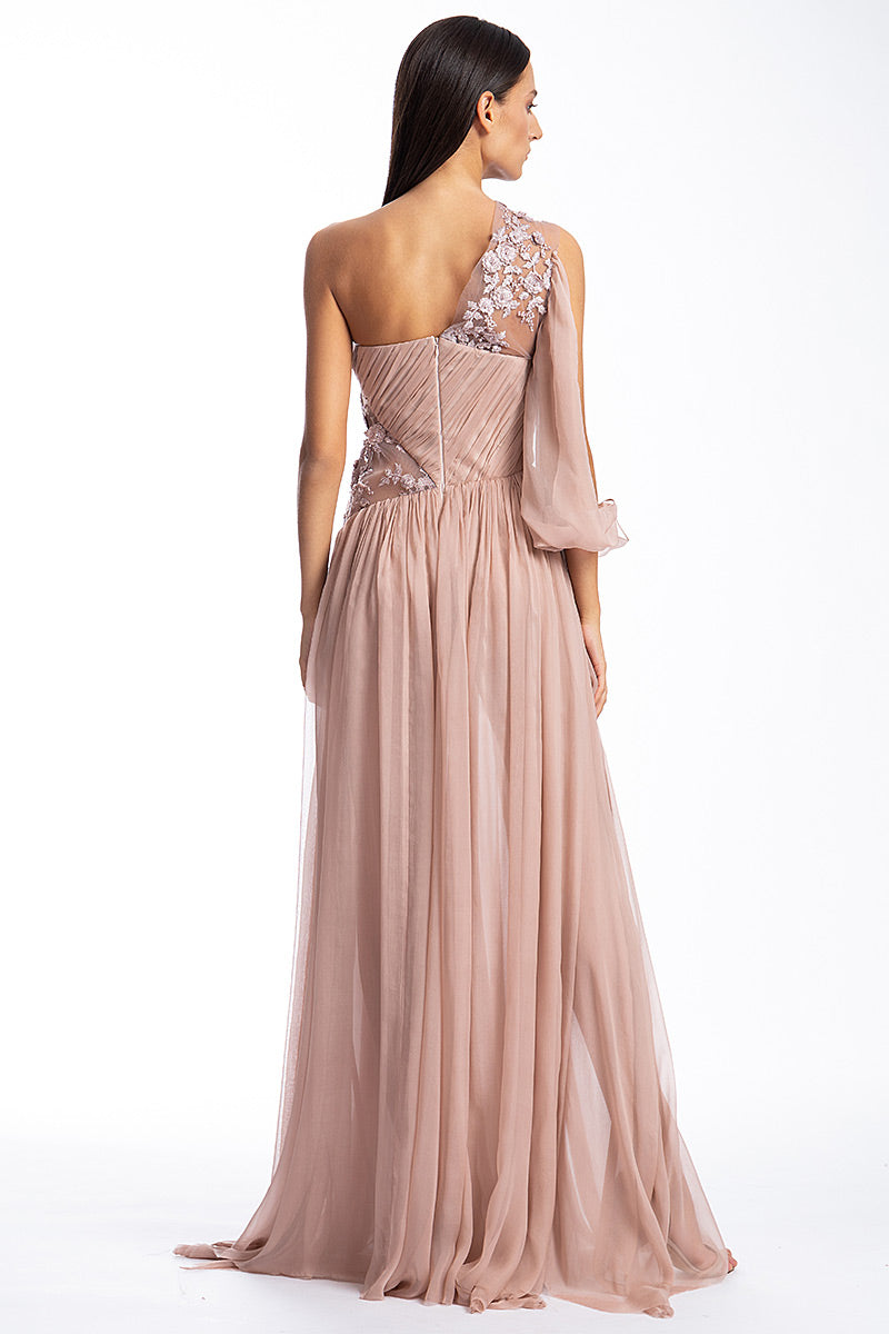 Rochie de seara de matase naturala si dantela, asimetrica R1S19