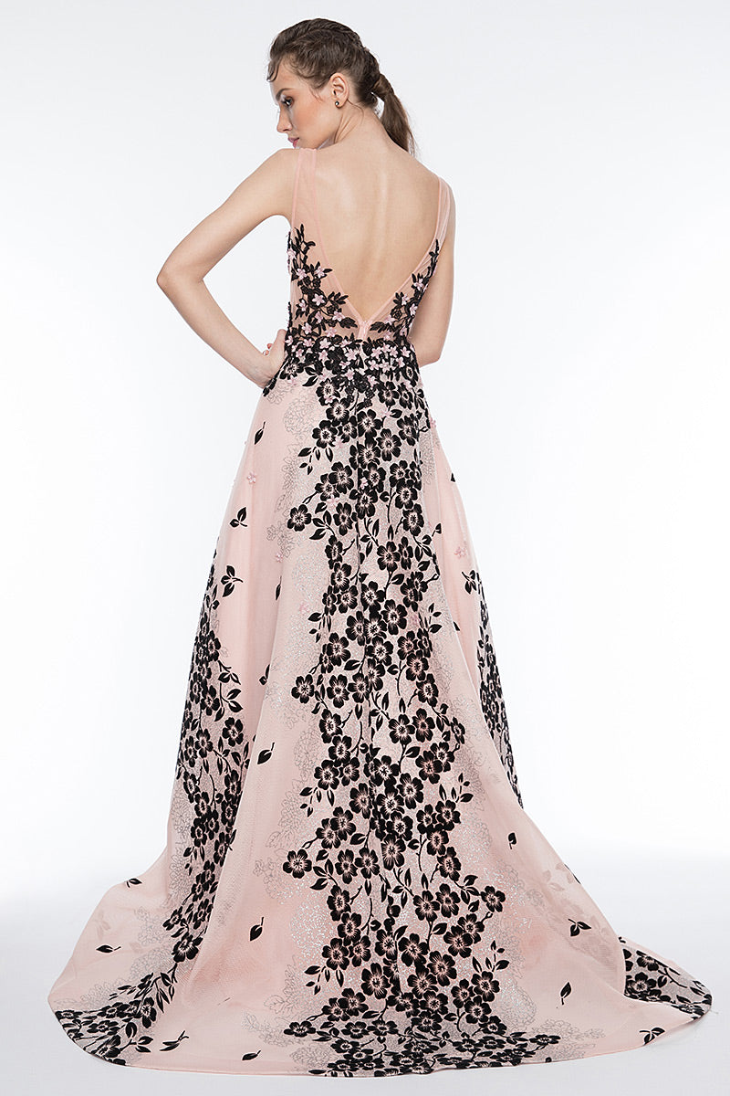 Rochie lunga de seara, eleganta cu flori, forma de A cu trena R20H19