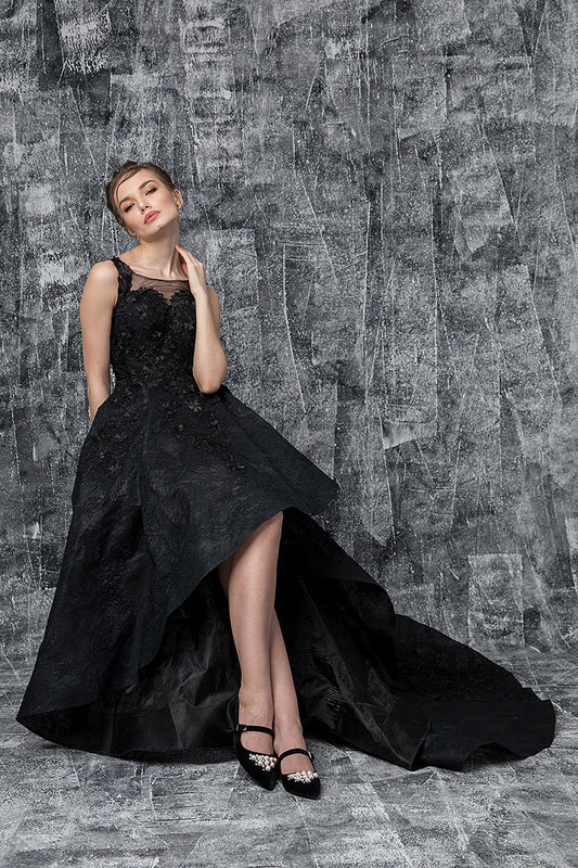 Rochie lunga de seara, eleganta din dantela asimetrica cu trena R21H19