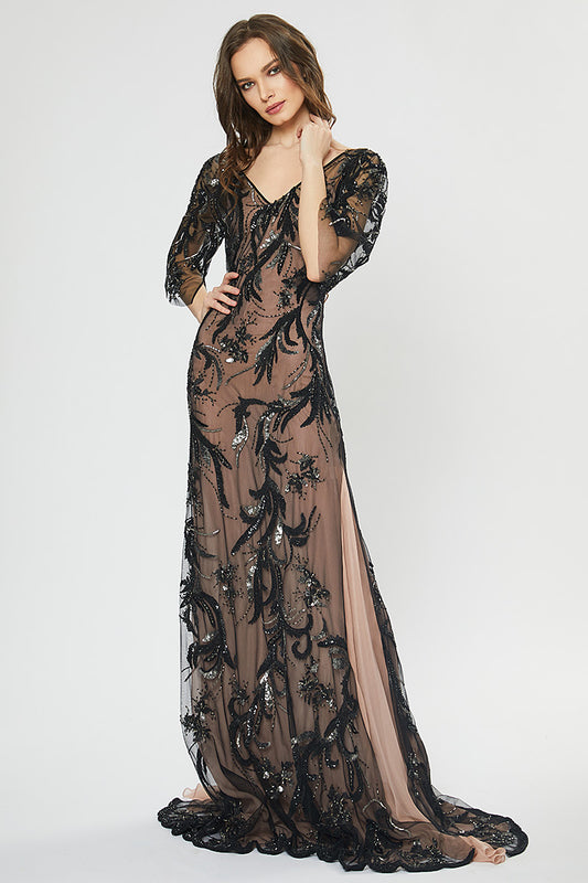 Rochie lunga de seara din broderie manuala, si matase cu slituri R22H20