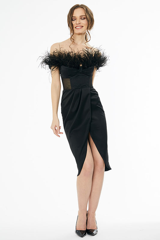 Rochie neagra scurta de ocazie cu corset si pene R24H20