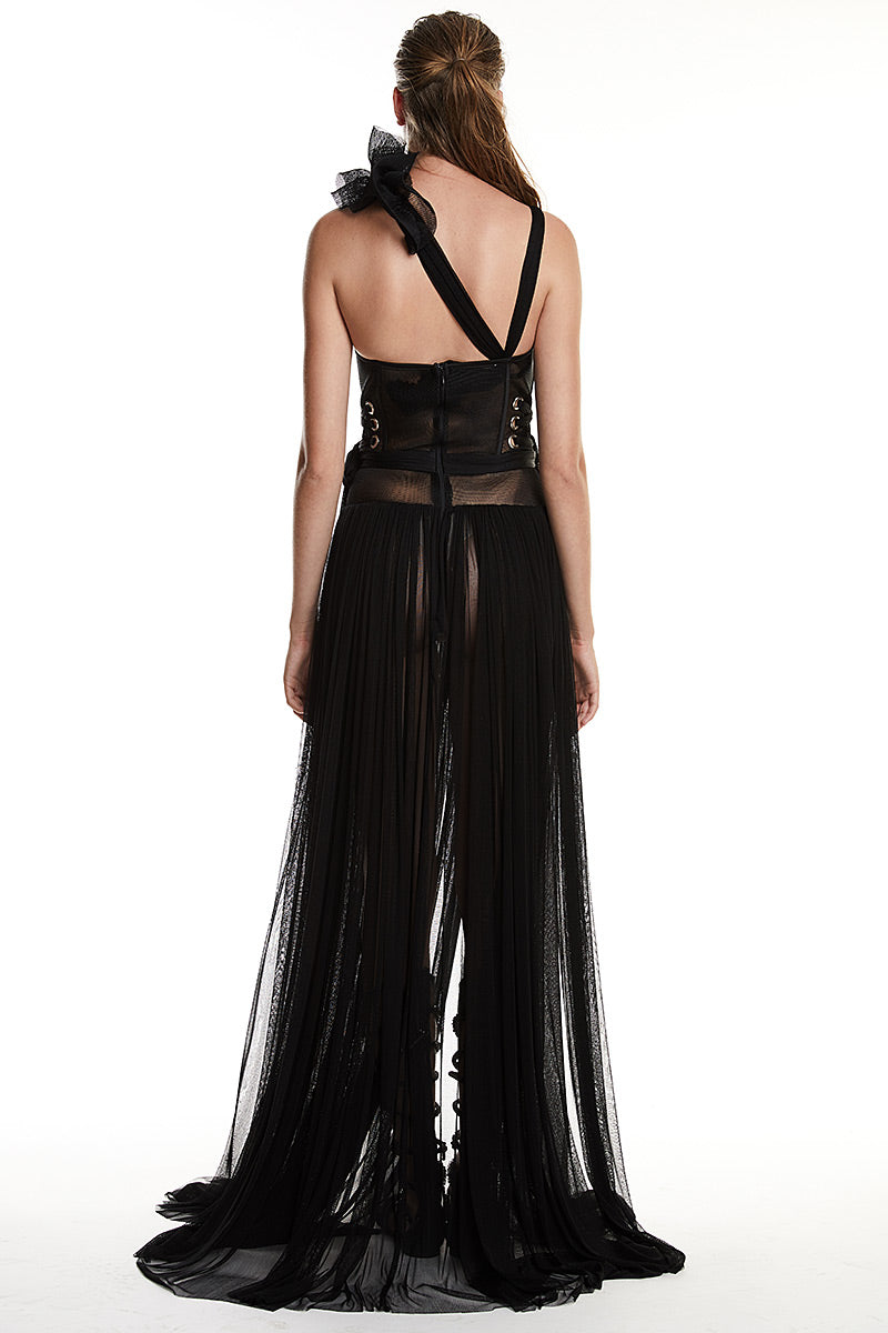 Rochie cu corset asimetrica de matase, cu plasa si slit. R25S18