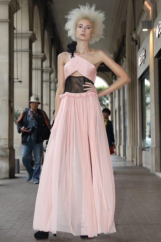 Rochie de seara, lunga de matase naturala cu corsaj, asimetrica R26S18