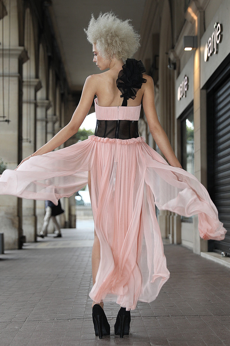 Rochie de seara, lunga de matase naturala cu corsaj, asimetrica R26S18