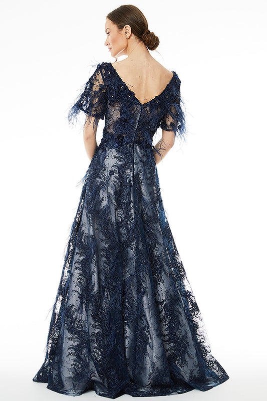 Rochie tip printesa lunga cu dantele si pene R29H20