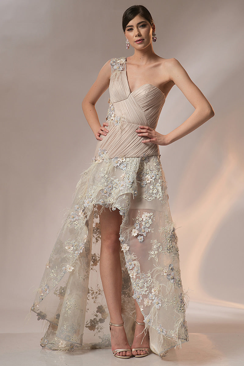 Rochie de seara asimetrica R2h21cu corsaj si pene Jane