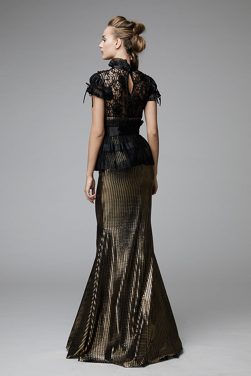 Rochie de seara tip sirena lunga din gold si dantela Amour