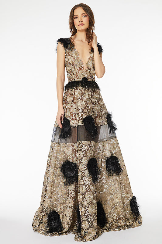 Rochie de seara lunga eleganta in forma de A cu dantela aurie R3H20