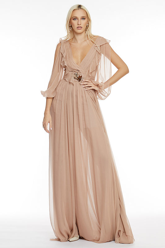 Rochie lunga de matase naturala, cu maneci lungi si broderie Lorena