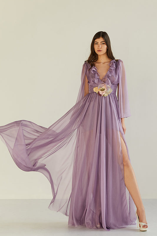 Rochie Ilia, lunga, de seara, de ocazie, din matase si broderie manuala, cu maneci lungi, R3H23