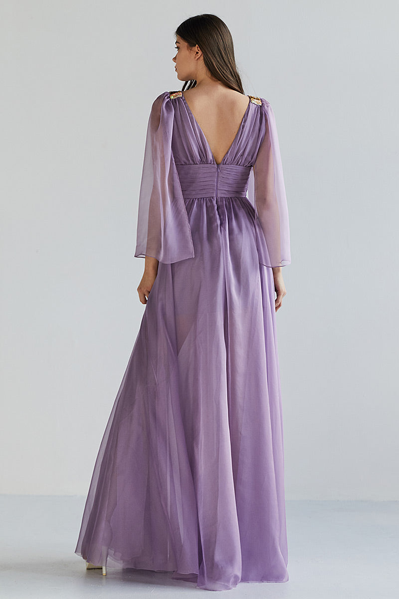 Rochie Ilia, lunga, de seara, de ocazie, din matase si broderie manuala, cu maneci lungi, R3H23