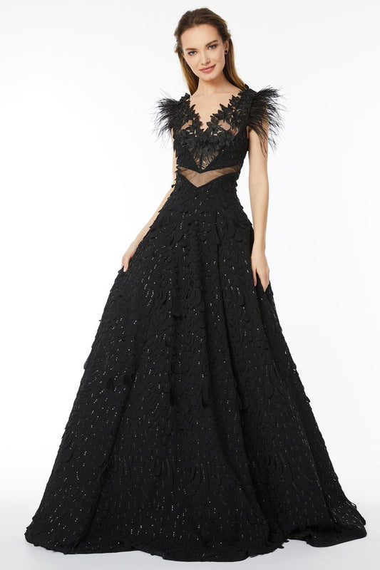 Rochie lunga de seara de lux in forma de A, din broderie si dantela Piana R4H21