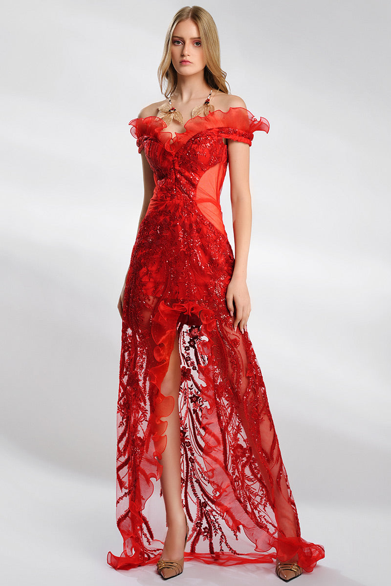 Rochia de seara rosie, eleganta, lunga, din dantela,cu corsaj Grenadine