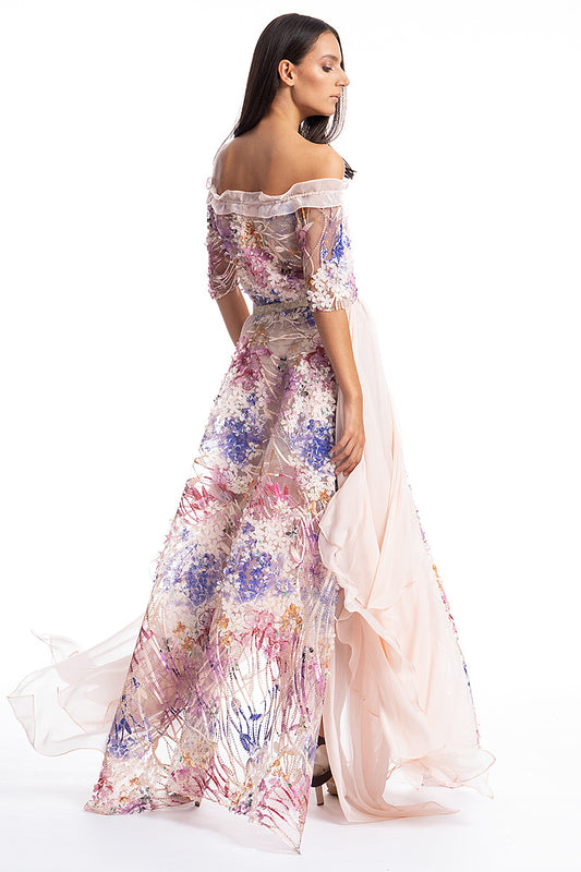 Rochie de ocazie de matase naturala si dantela, lunga, eleganta R5S19