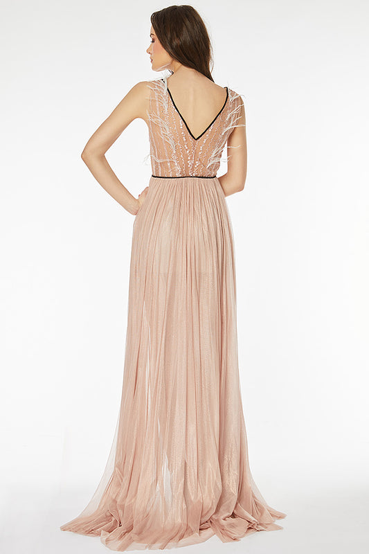 Rochie lunga de seara, eleganta, cu matase naturala si broderie cu pene R6H20