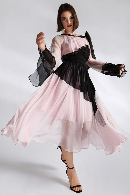 Rochie de seara Rozy, din matase naturala midi cu maneci lungi