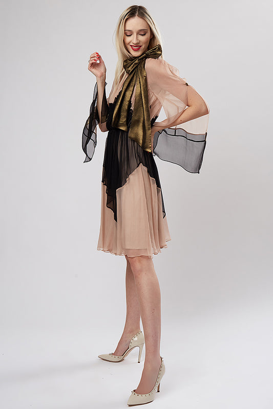 Rochie midi din matase cu maneci lungi si auriu Venetiana