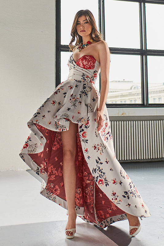 Rochie asimetrica lunga, de seara, din tafta, cu corsaj si dantela, Darina