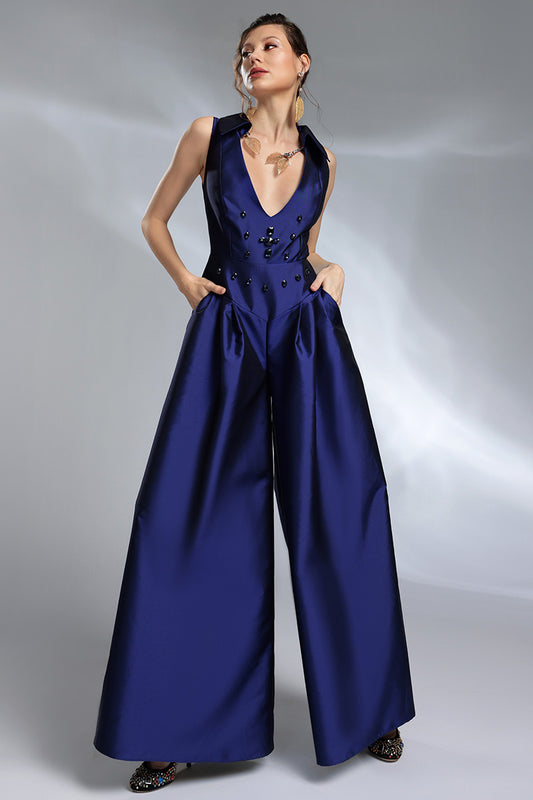 Raphaëlle, Salopetă din tafta cu decolteu în V și pantaloni extra-largi. Elegantă, modernă și realizată pe măsura ta.