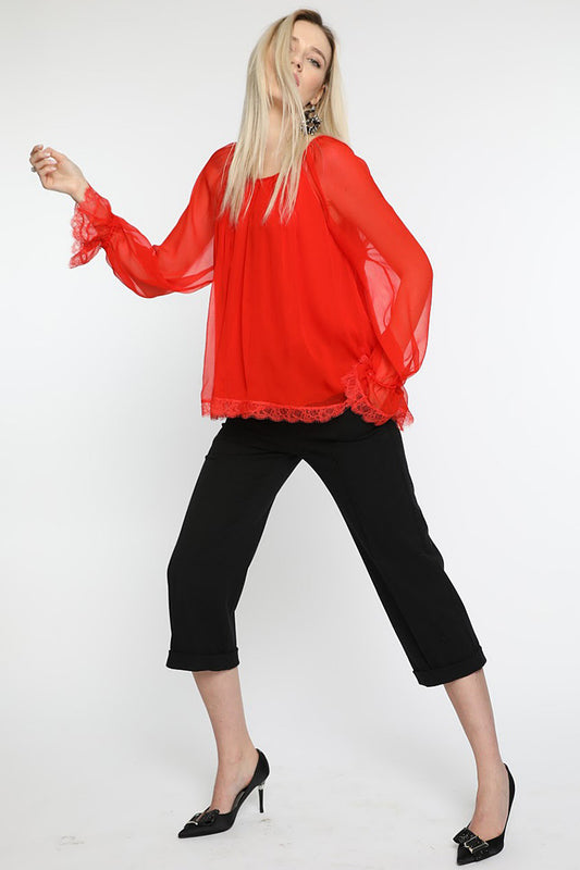 Bluza din matase naturala rosie, cu maneci lungi, Beauty