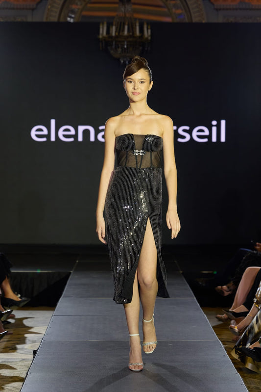 Rochie midi neagra, pe corp, cu paiete negre si argintii Gianny